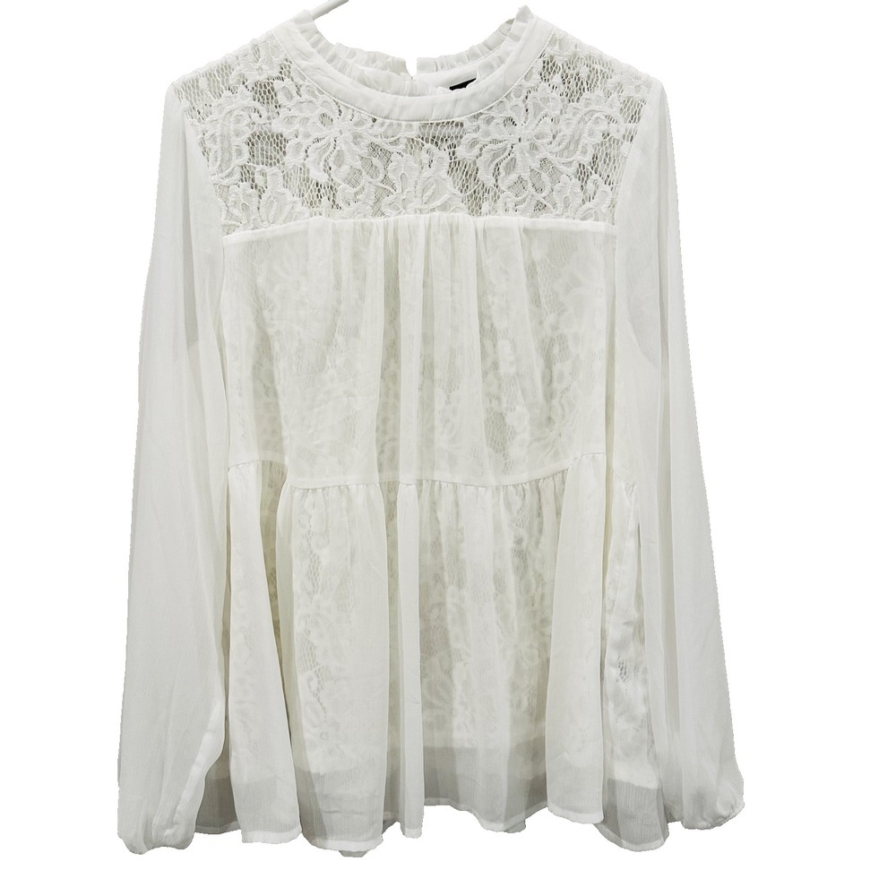 Torrid White Lace Shirt 1X(14-16) Sheer Long Sleeve Tiered Blouse-Boho Whimsical